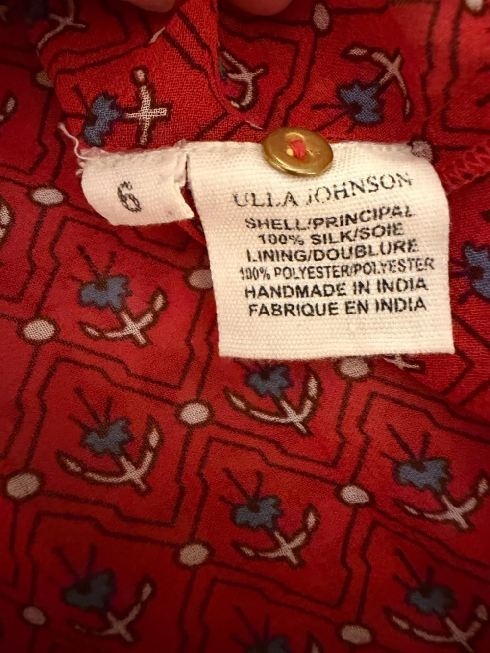 Ulla Johnson Caspia Silva Border Print Silk Blouse Red Blue Size 6
